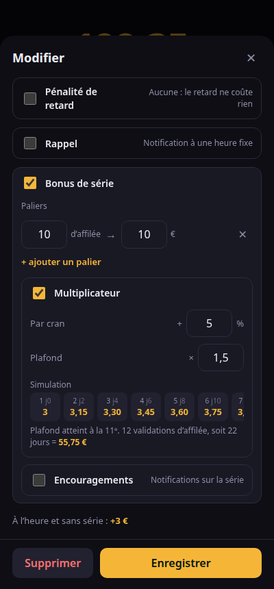 The streak bonus in the editor, with its simulation